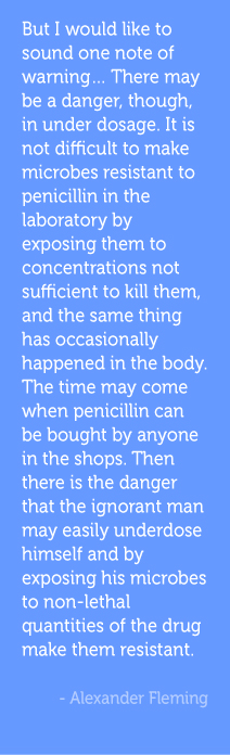 But I would like to sound one note of warning… There may be a danger, though, in under dosage. It is not difficult to make microbes resistant to penicillin in the laboratory by exposing them to concentrations not sufficient to kill them, and the same thing has occasionally happened in the body. The time may come when penicillin can be bought by anyone in the shops. Then there is the danger that the ignorant man may easily underdose himself and by exposing his microbes to non-lethal quantities of the drug make them resistant.  -Alexander Fleming